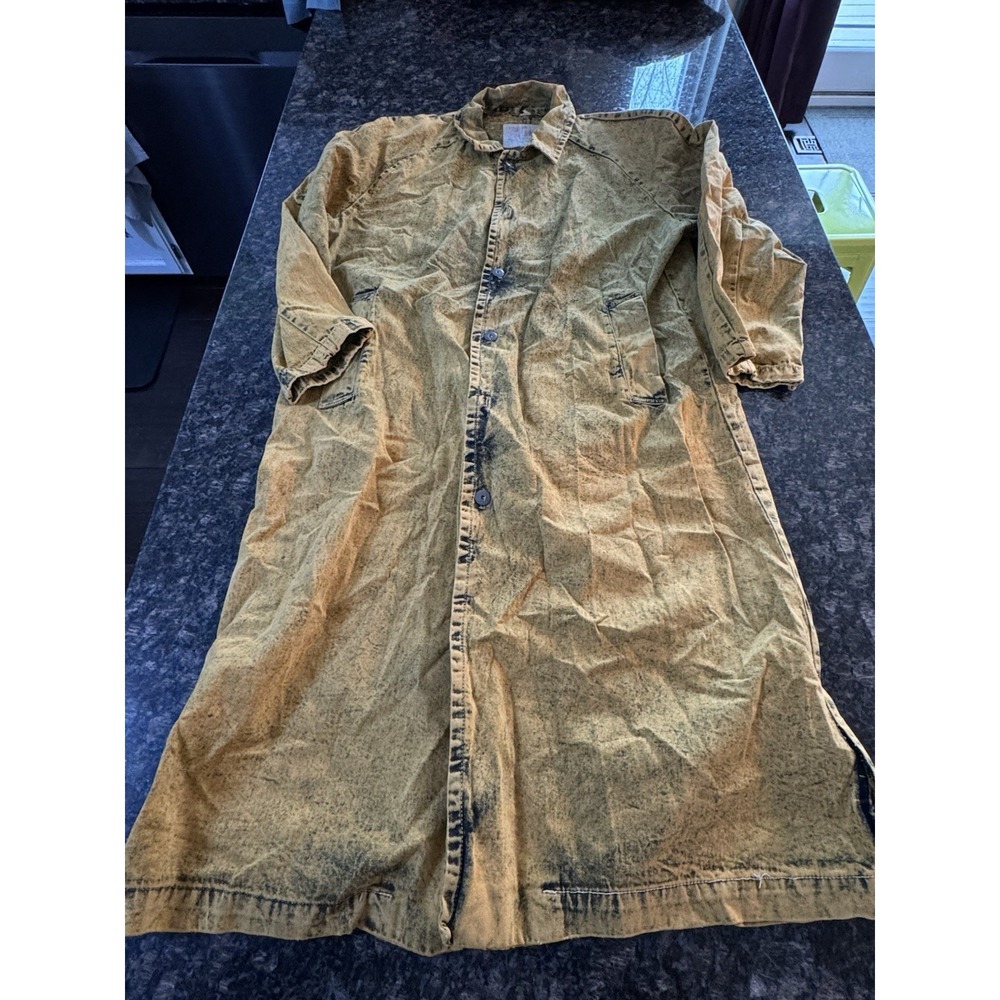Vintage 80s Acid Wash Denim Duster Coat‎ Mustard Yellow Long Chore Jacket M USA
